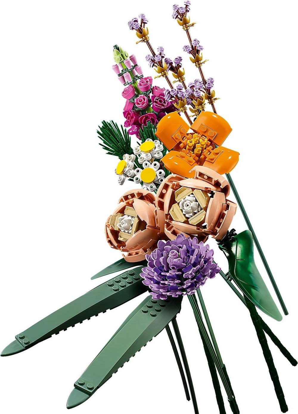 Colorful flower arrangement made of interlocking bricks on a white background