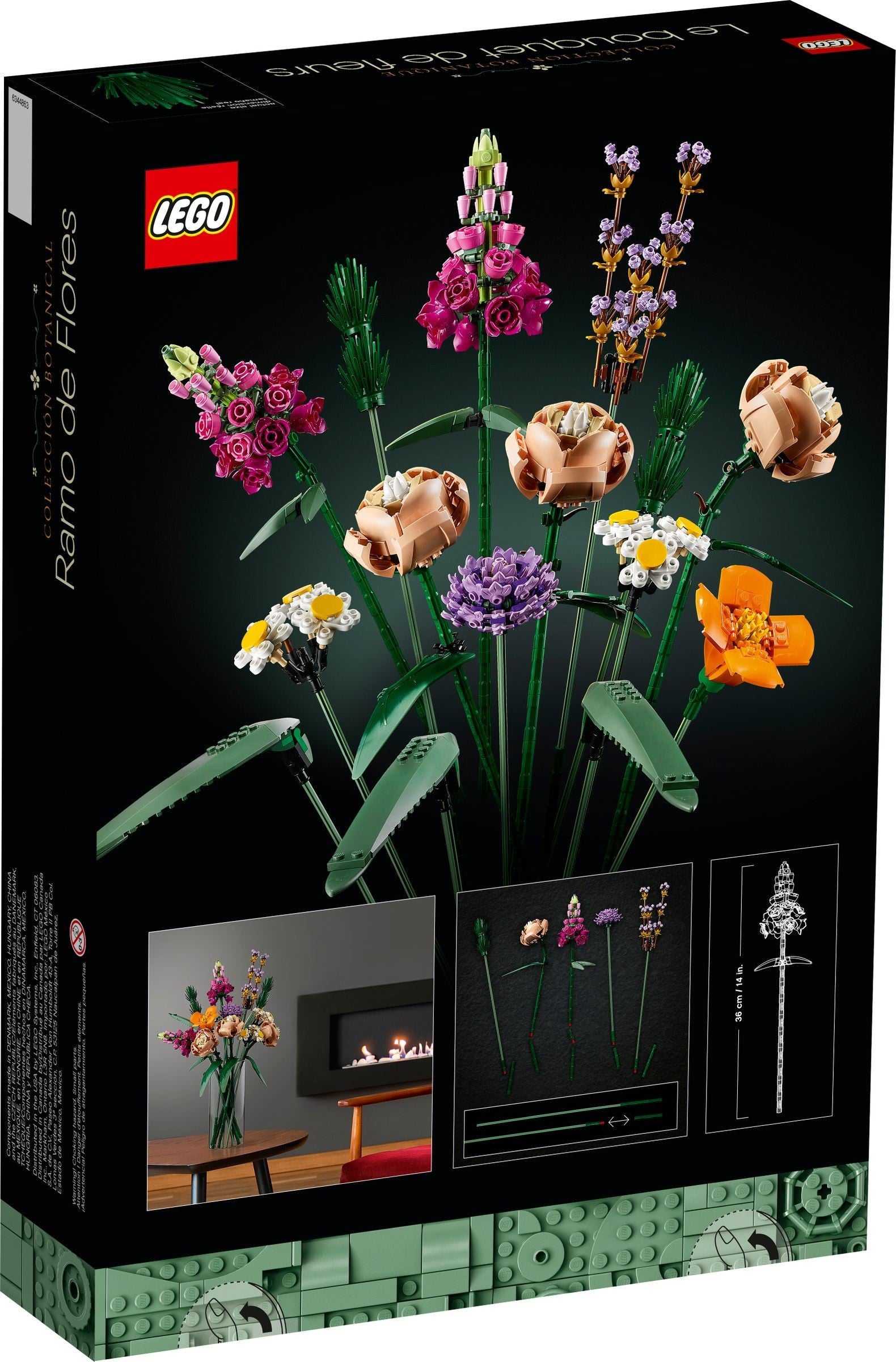 LEGO flower bouquet set packaging with flowers and LEGO bricks.