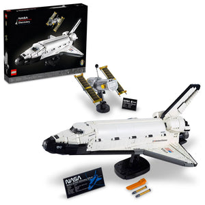 LEGO NASA space shuttle set with packaging and components on a white background