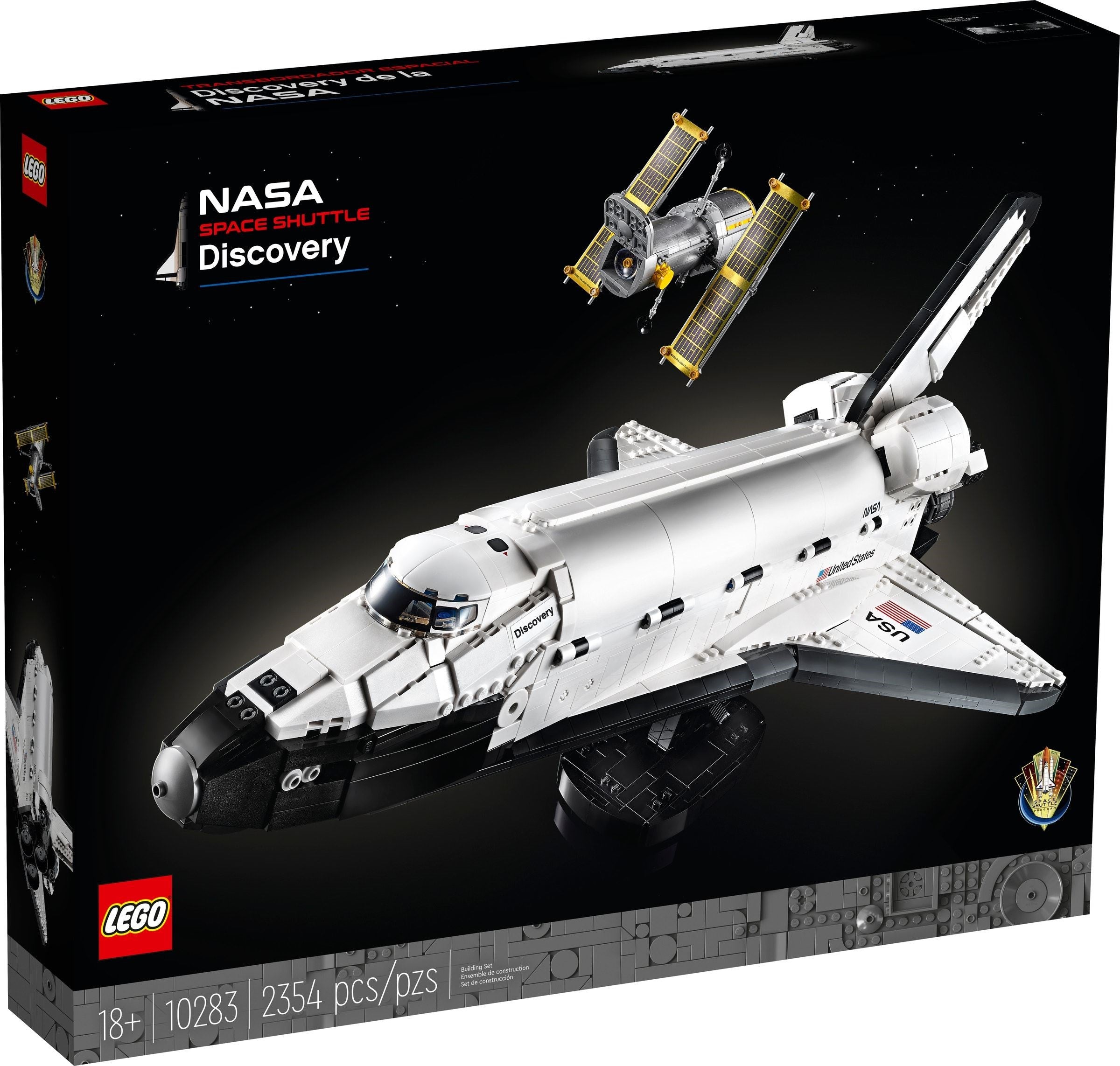 LEGO NASA Space Shuttle Discovery set packaging on a black background
