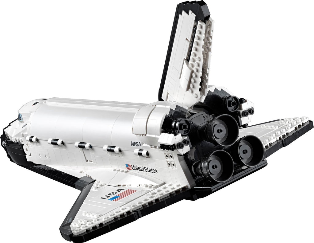 LEGO model of a space shuttle on a white background