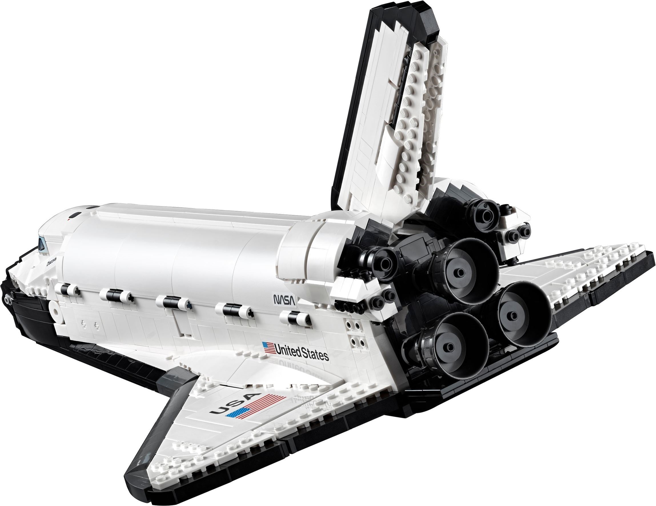 LEGO model of a space shuttle on a white background