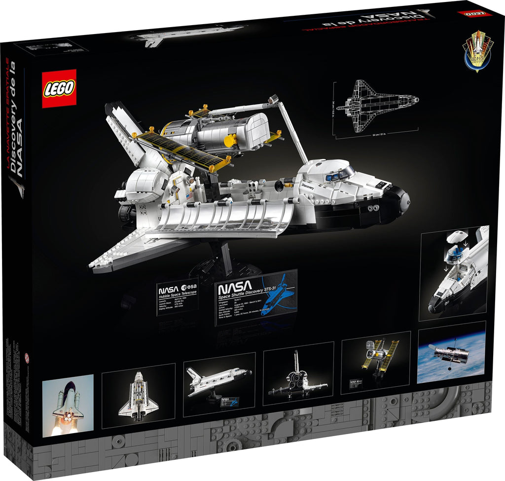 LEGO NASA space shuttle set packaging with multiple views and NASA branding.