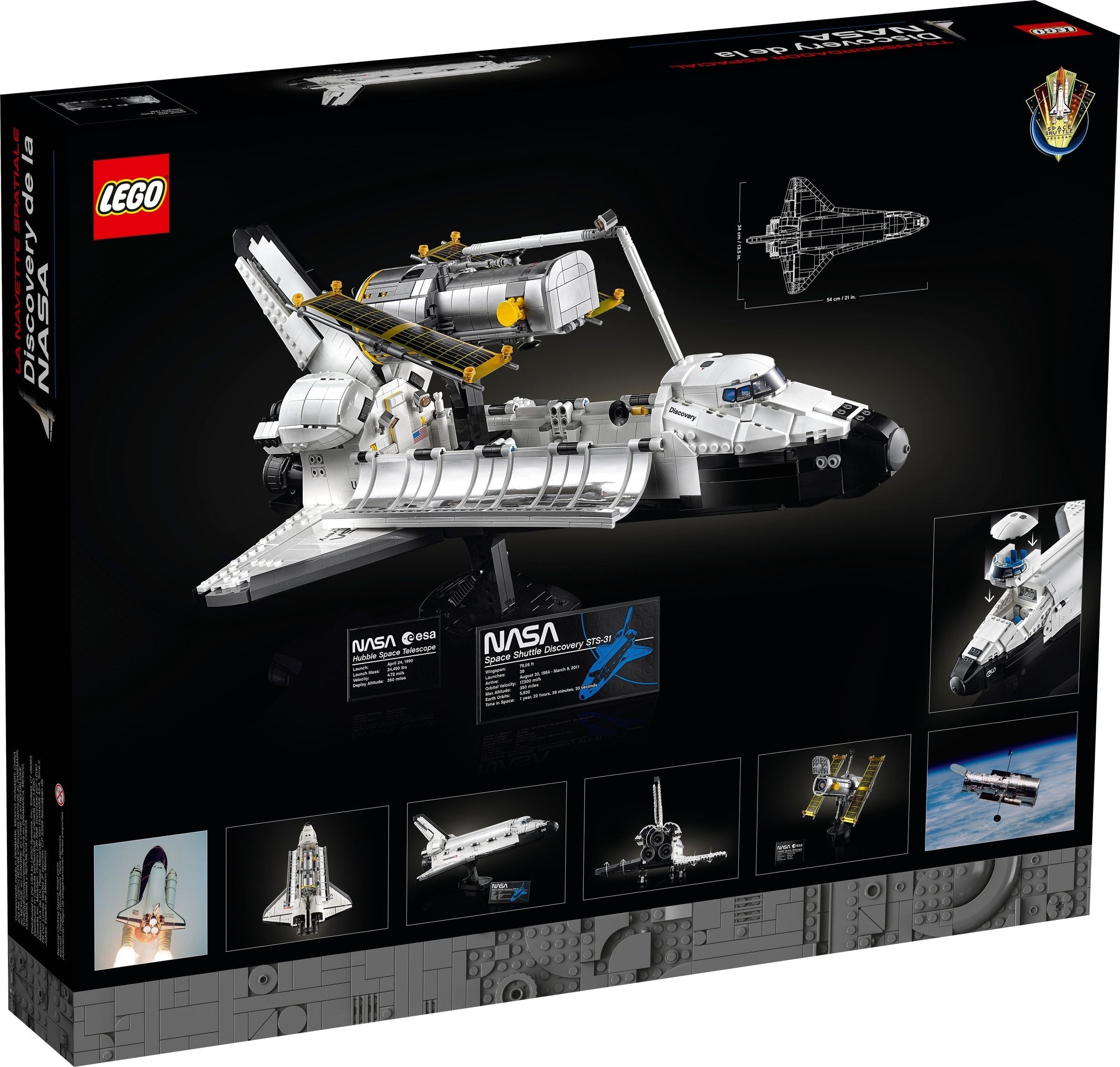 LEGO NASA space shuttle set packaging with multiple views and NASA branding.