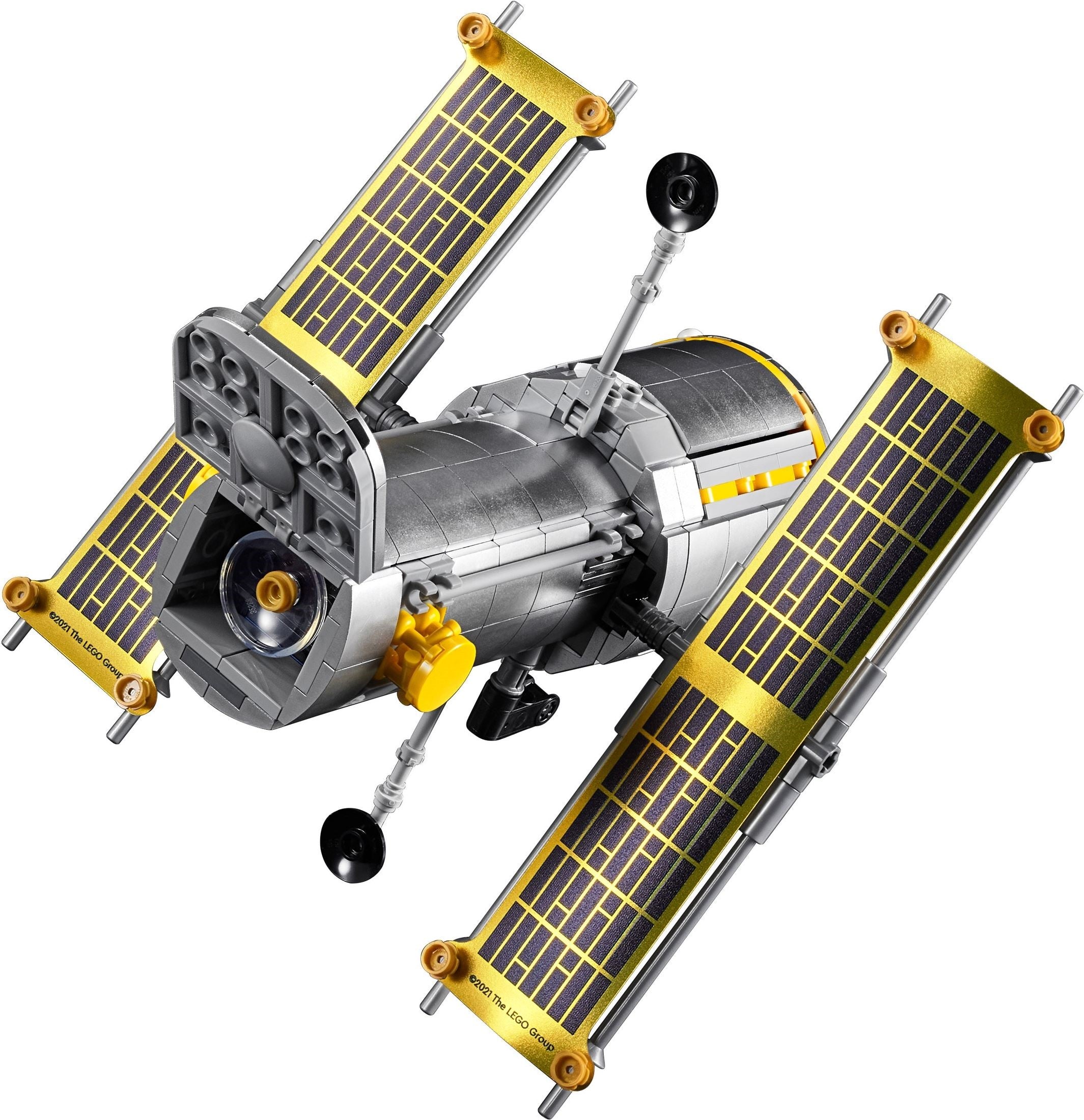 Model of a satellite with solar panels on a white background