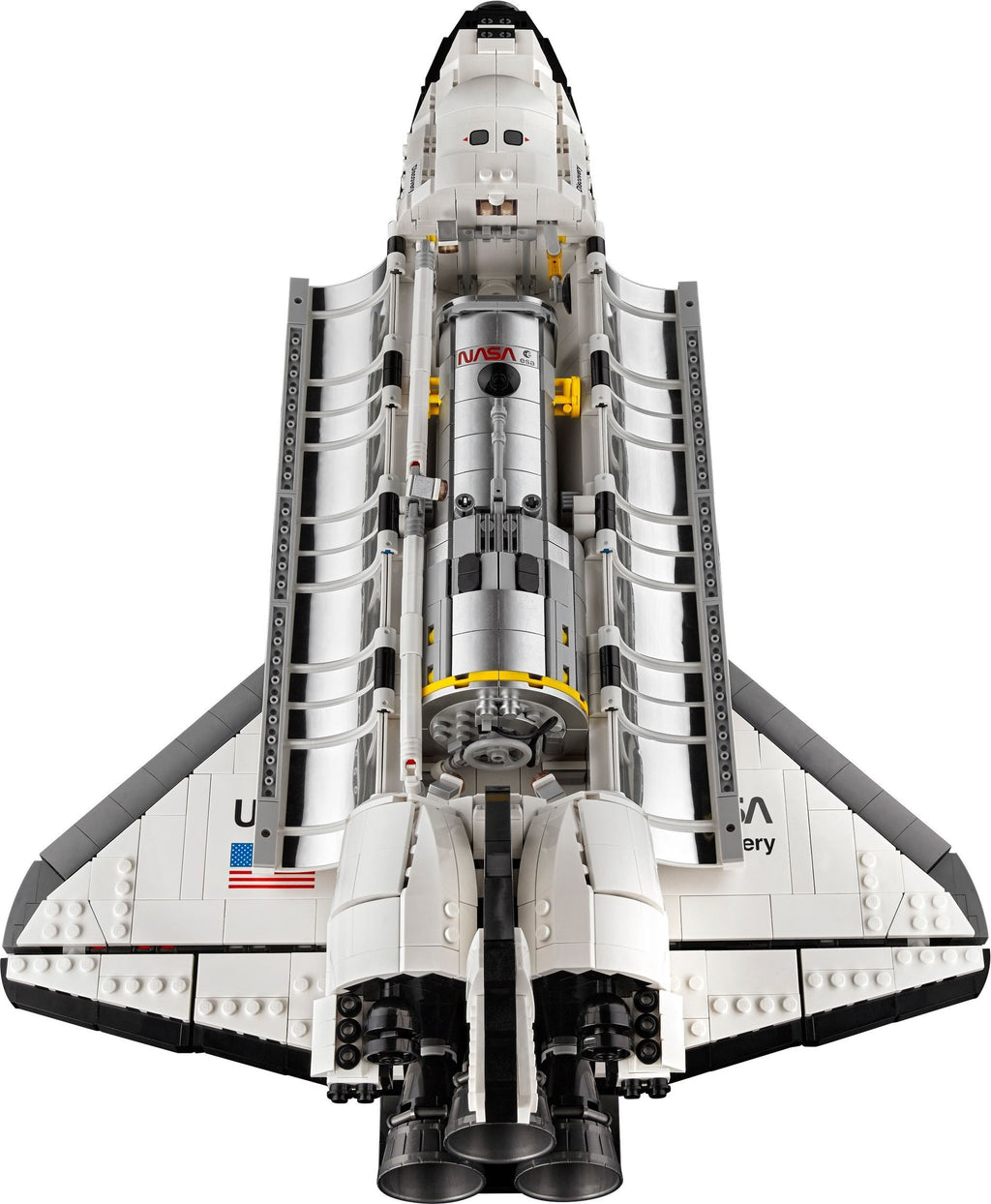 Model of a space shuttle made from interlocking bricks on a white background