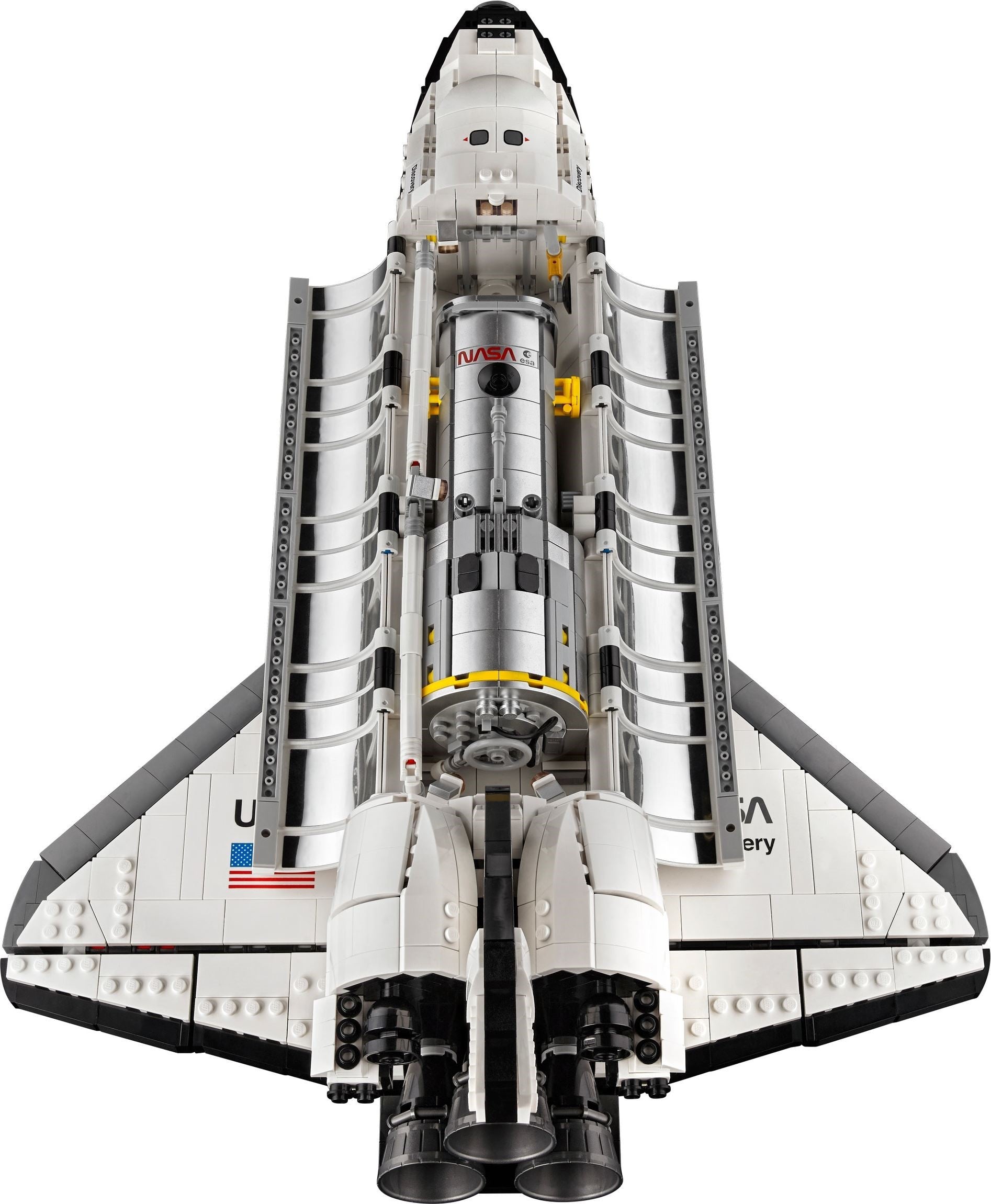Model of a space shuttle made from interlocking bricks on a white background