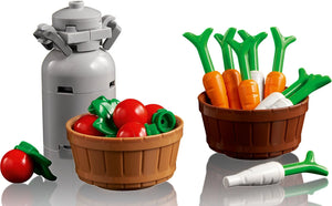 Toy vegetables and a water cooler on a white background