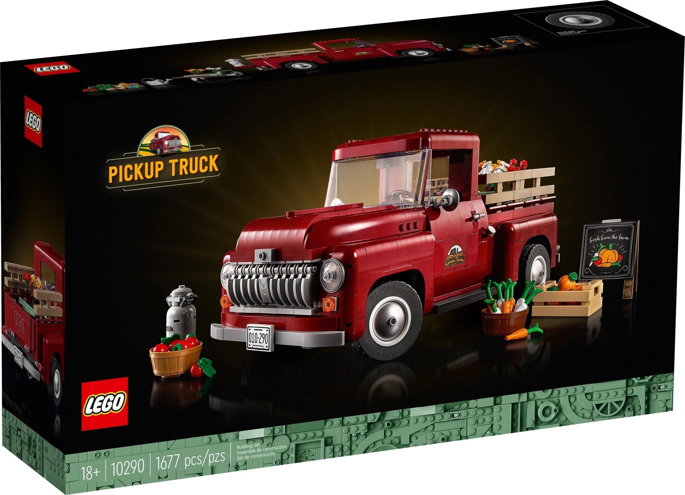 LEGO pickup truck set packaging with red truck and accessories on a dark background