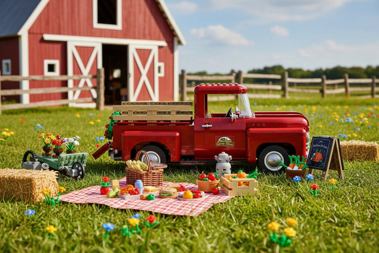 Red toy truck with picnic setup in front of a red barn on a grassy field.