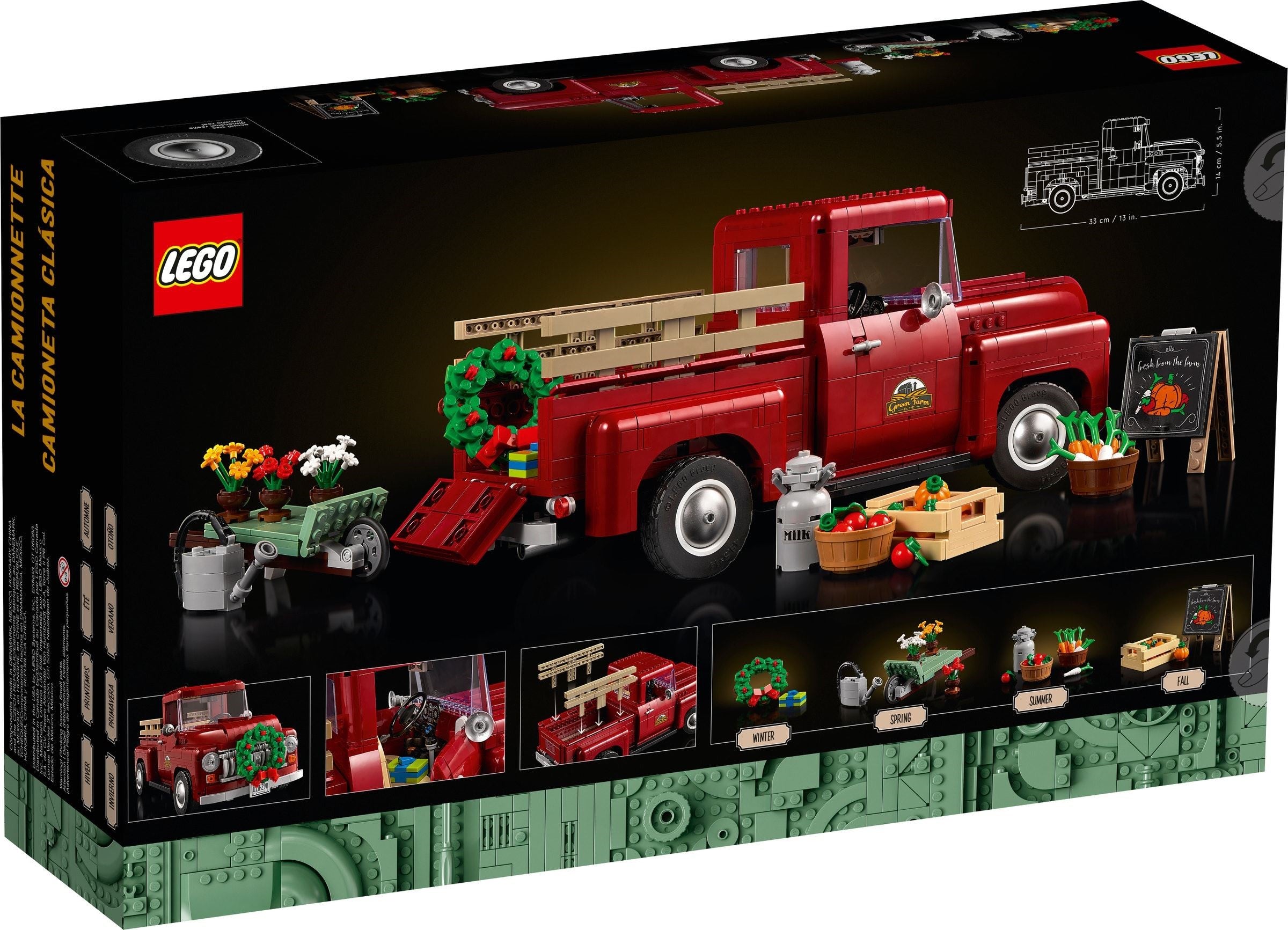 LEGO set packaging featuring a red truck with accessories on a black background