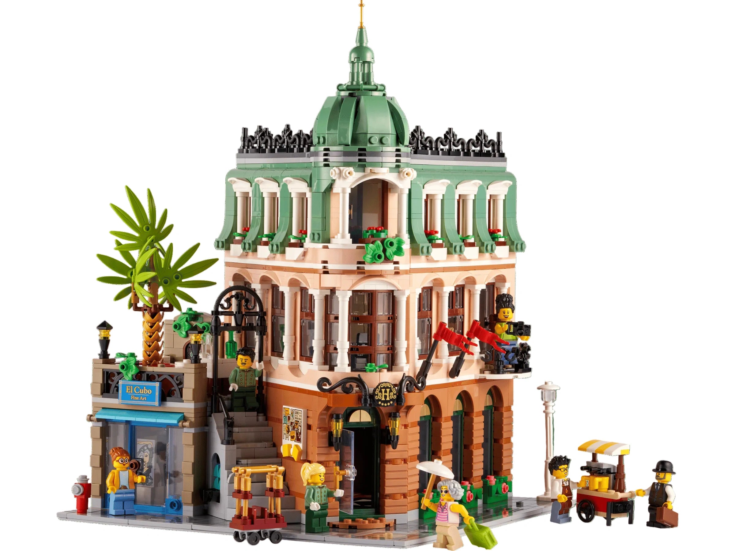 Detailed LEGO model of a building with green dome and people figures on a white background