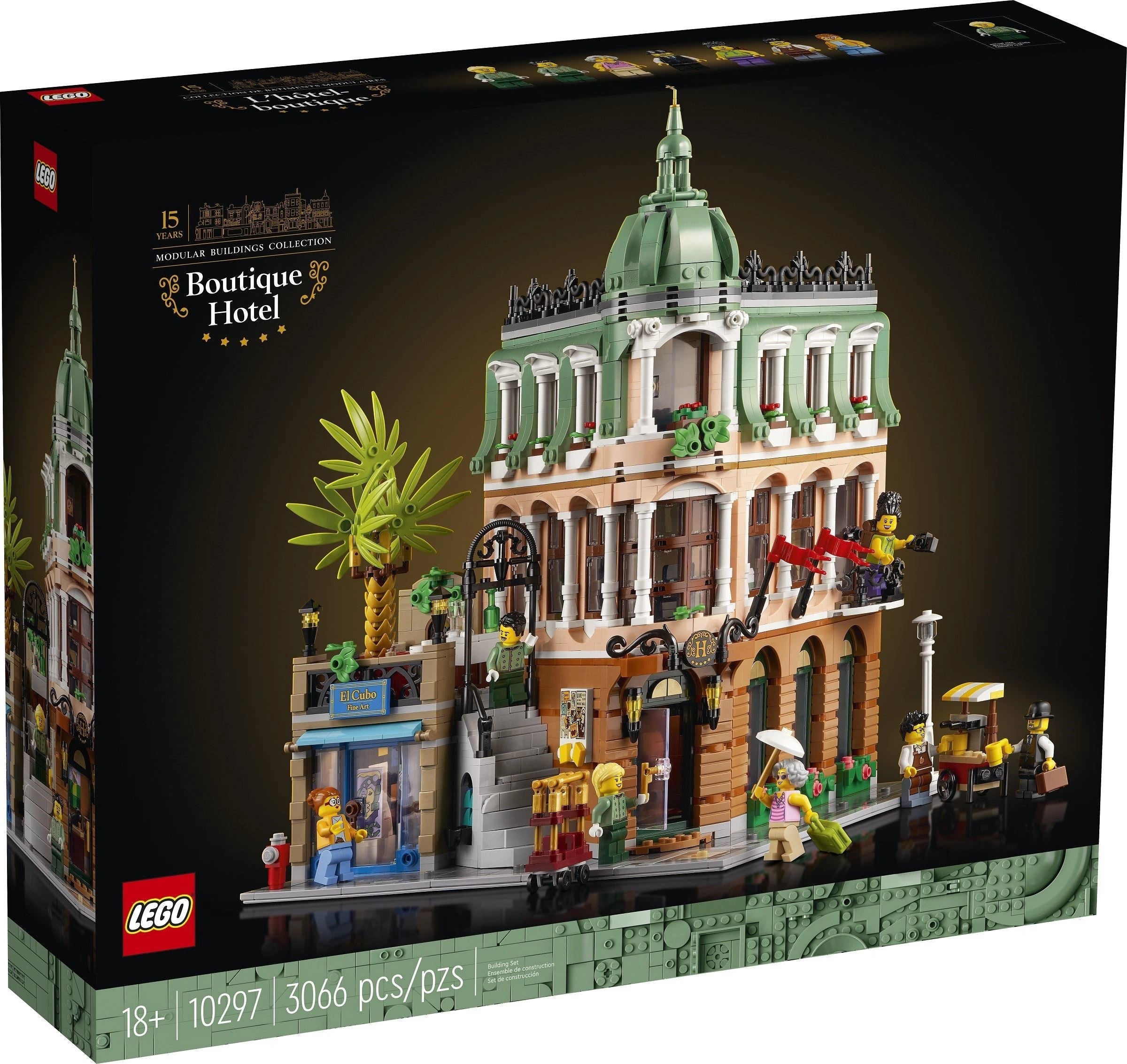 LEGO Boutique Hotel set packaging with detailed model and LEGO logo.