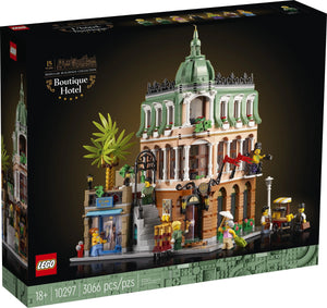 LEGO Boutique Hotel set packaging with detailed model and LEGO logo.