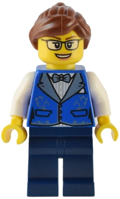 LEGO figure with a blue vest and glasses on a white background