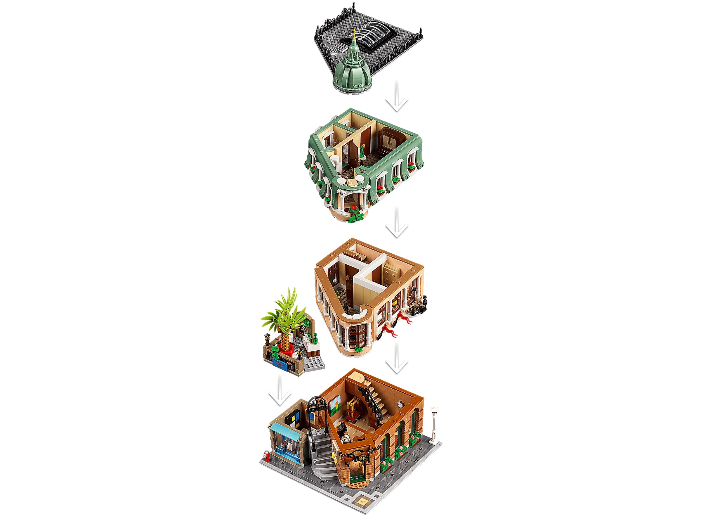 Set of building blocks arranged to resemble a city street with various structures.