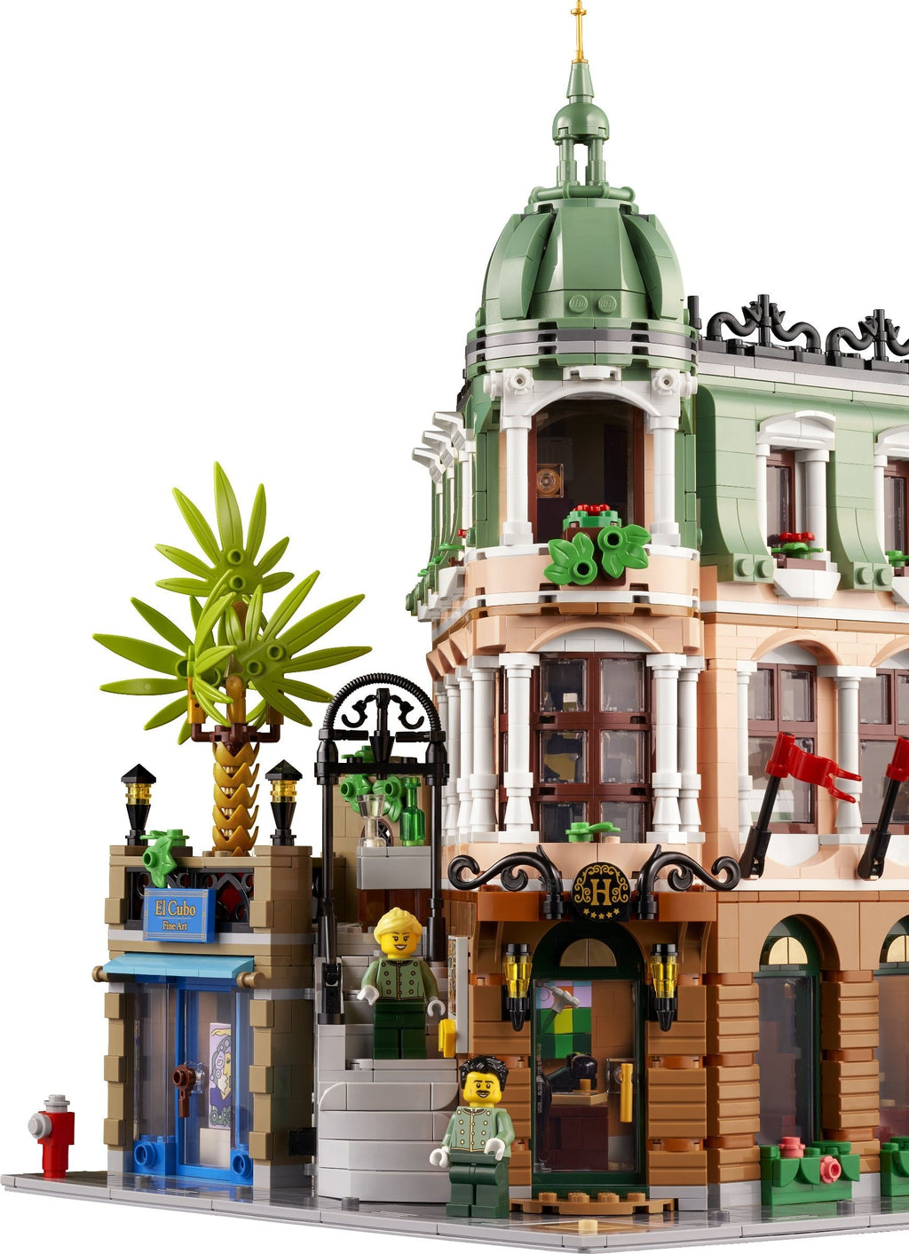 Detailed LEGO model of an architectural building with decorative elements and figures.