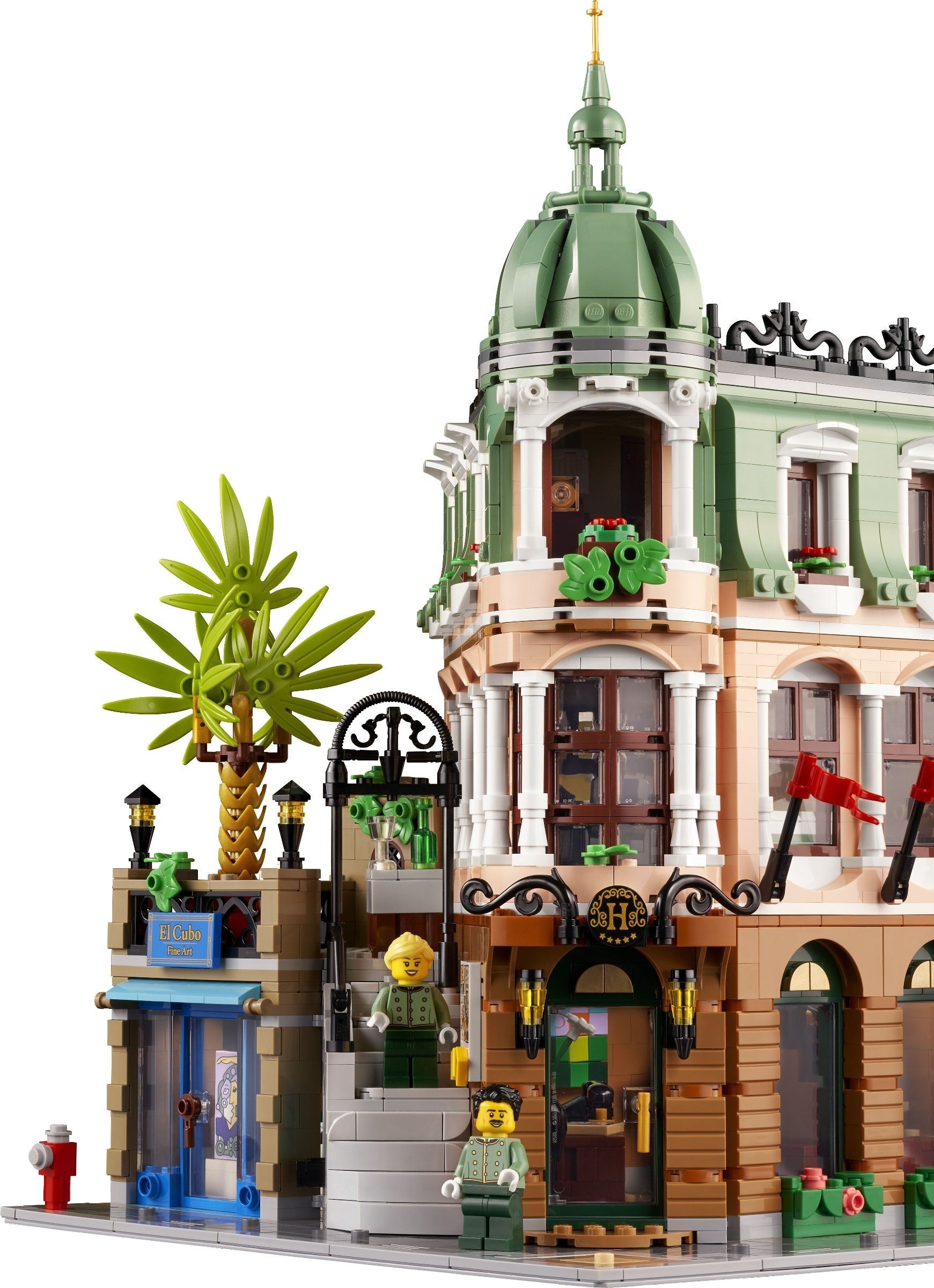 Detailed LEGO model of an architectural building with decorative elements and figures.