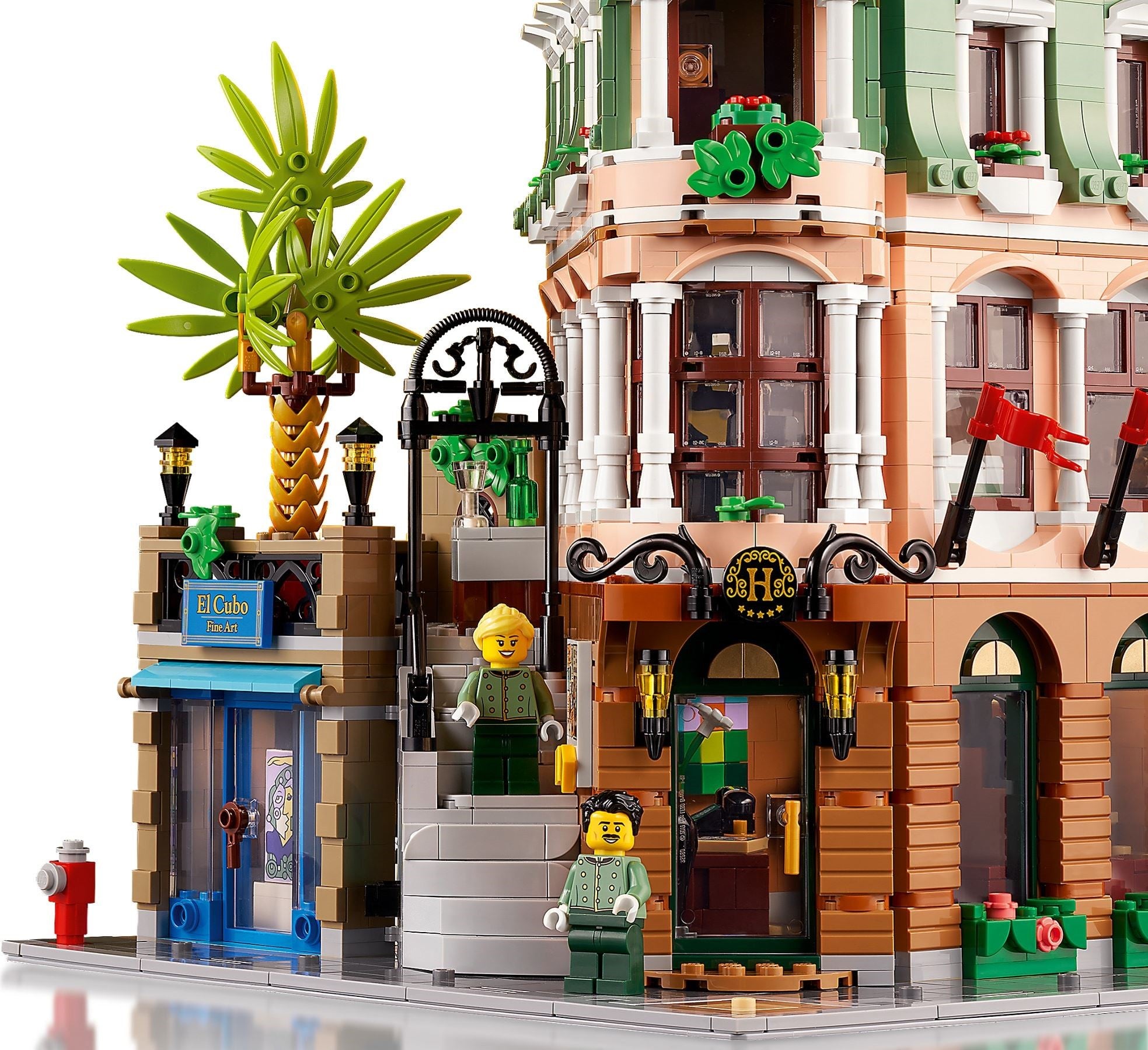 Detailed LEGO model of a building with characters and accessories