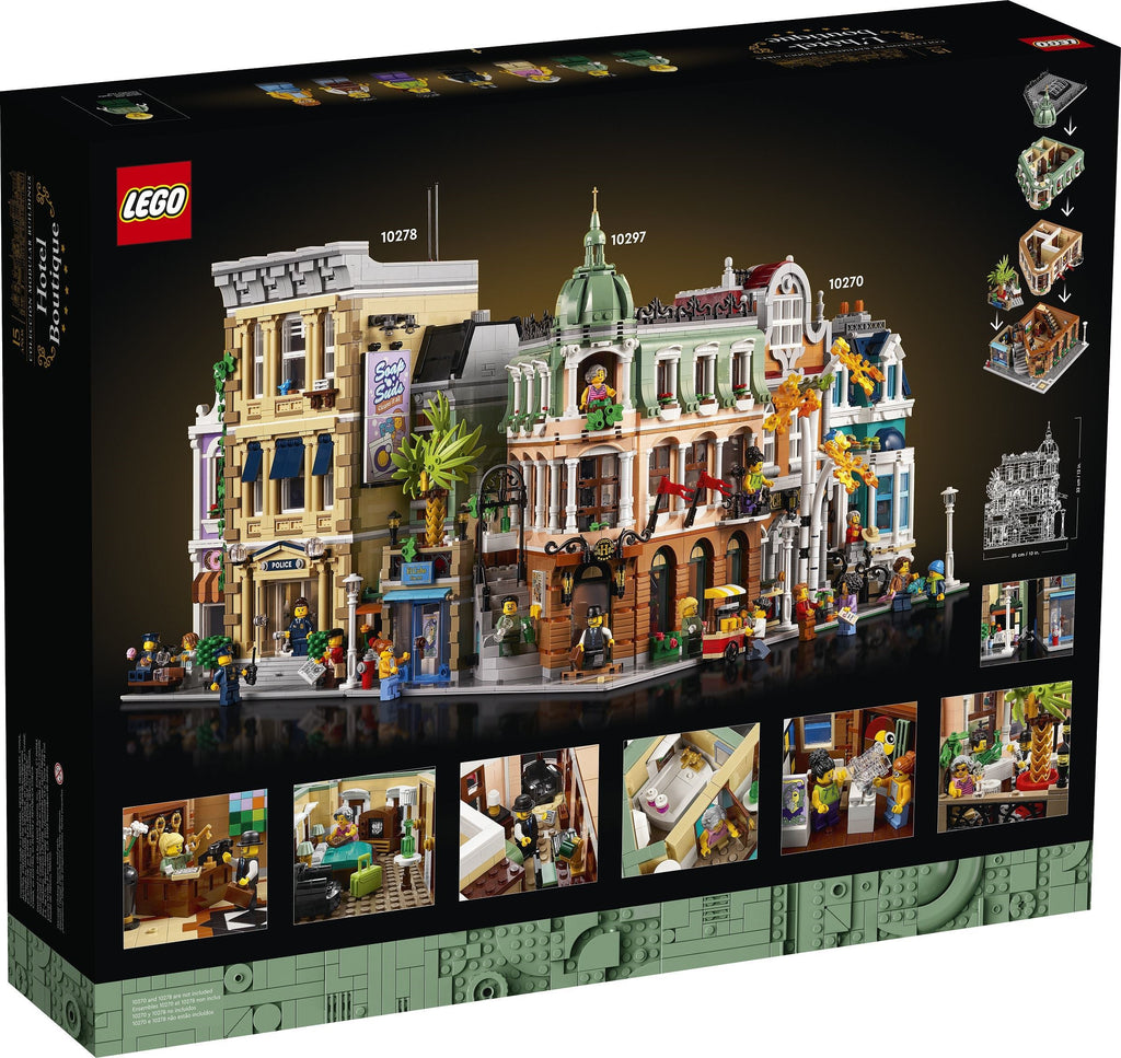 LEGO building set packaging with detailed model and minifigures on a black background