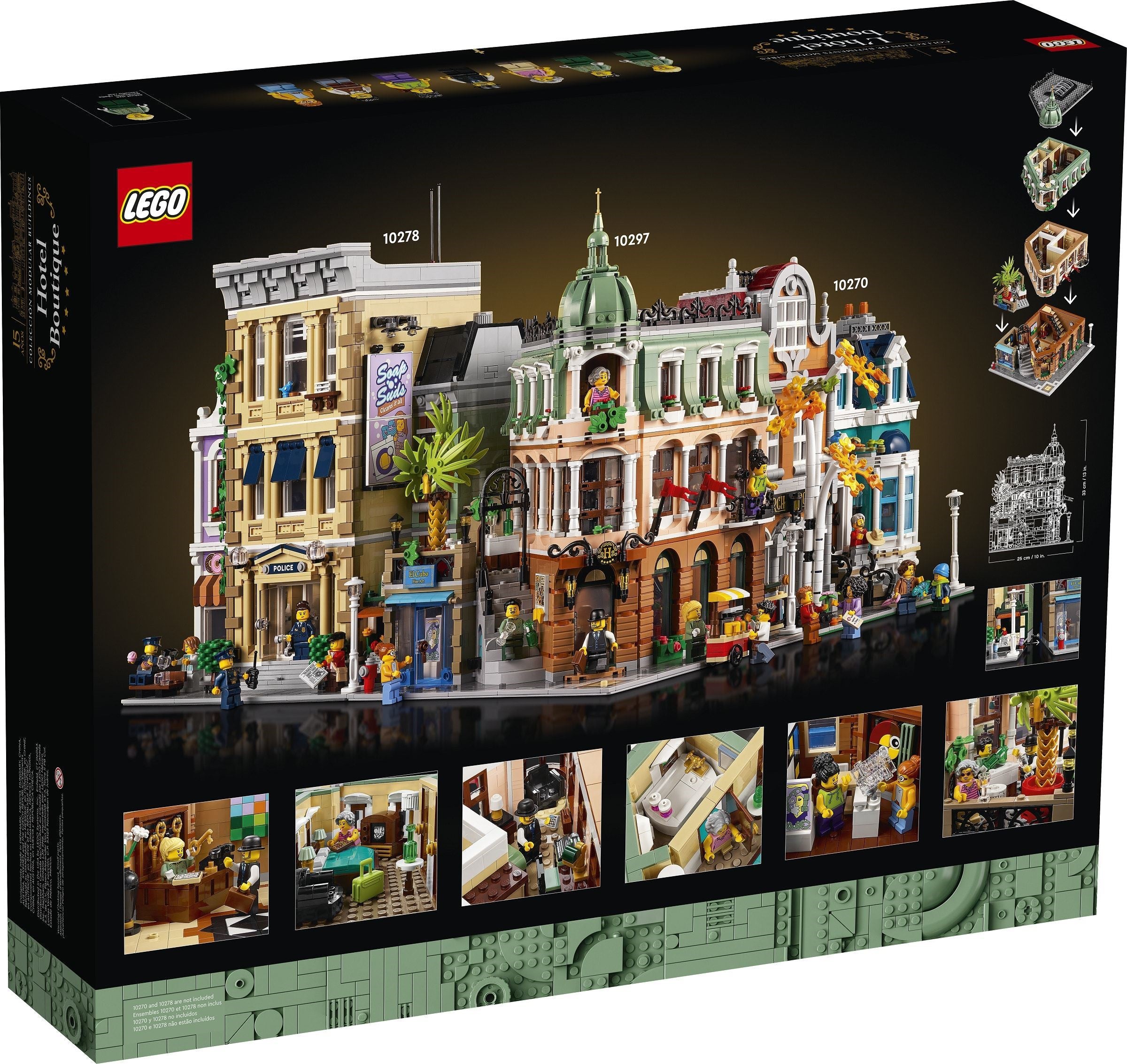 LEGO building set packaging with detailed model and minifigures on a black background