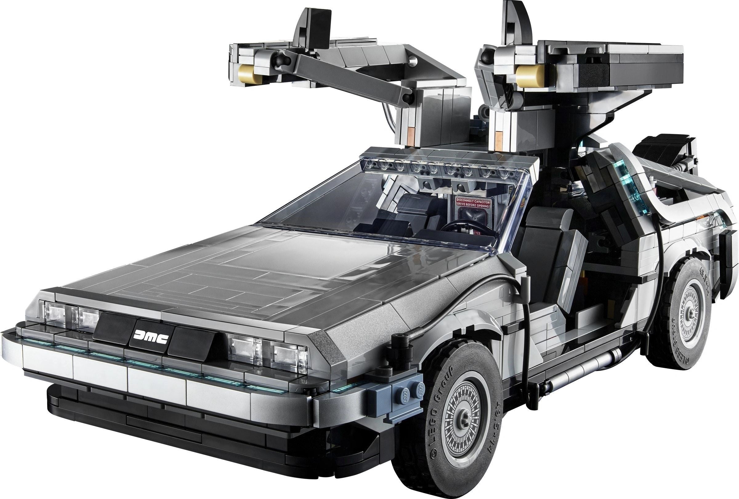 Model of a futuristic vehicle resembling the Delorean from 'Back to the Future' on a white background