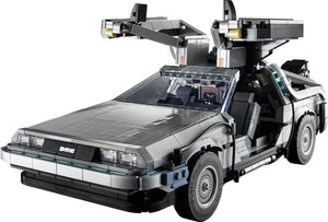 Model of a futuristic vehicle resembling the Delorean from 'Back to the Future' on a white background