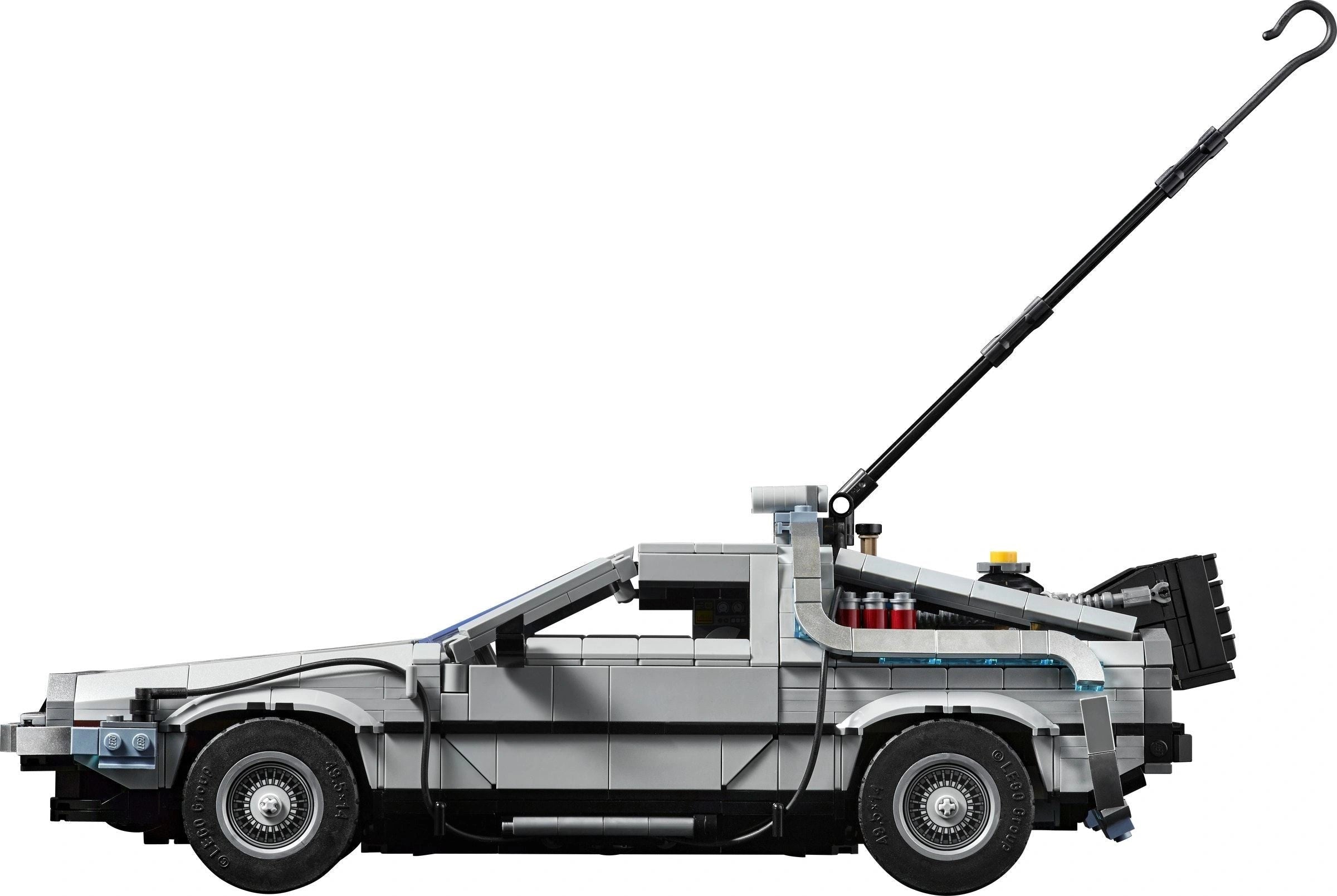 Model of a car resembling the DeLorean from Back to the Future made from interlocking bricks on a white background.