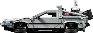 Model of a futuristic vehicle made from interlocking bricks on a white background