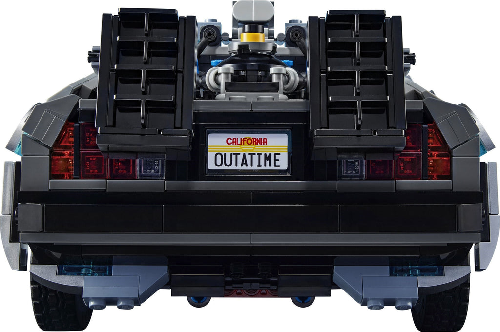 Back view of a LEGO model of a car with 'California Outatime' license plate on a white background