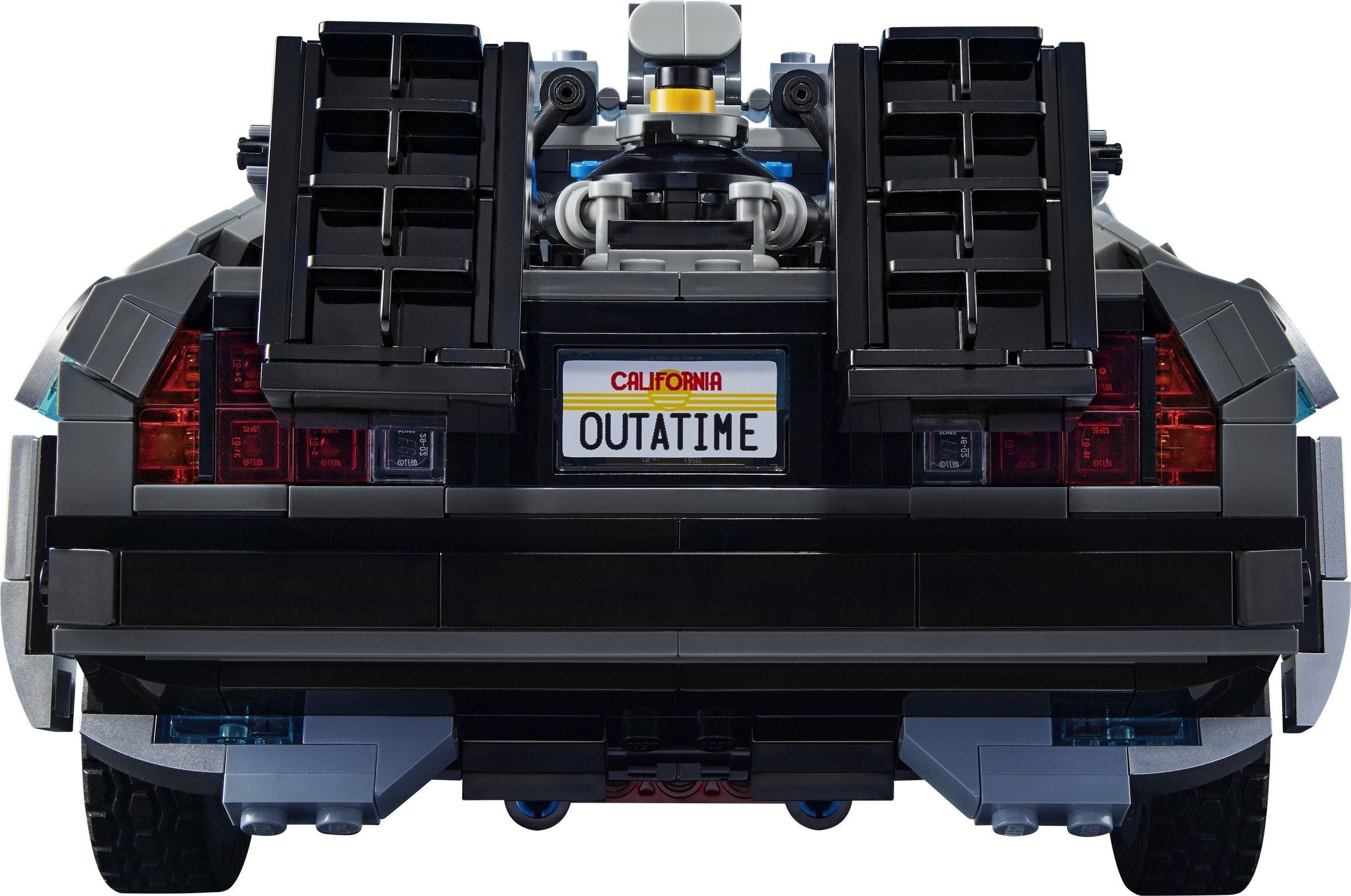 Back view of a LEGO model of a car with 'California Outatime' license plate on a white background