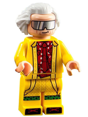 LEGO minifigure in a yellow outfit with a red shirt and white hair.