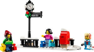 LEGO city street scene with clock, street sign, and people on a white background