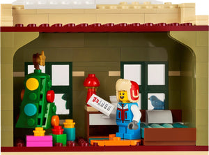 LEGO figure in a store with a toy traffic light and shelves.