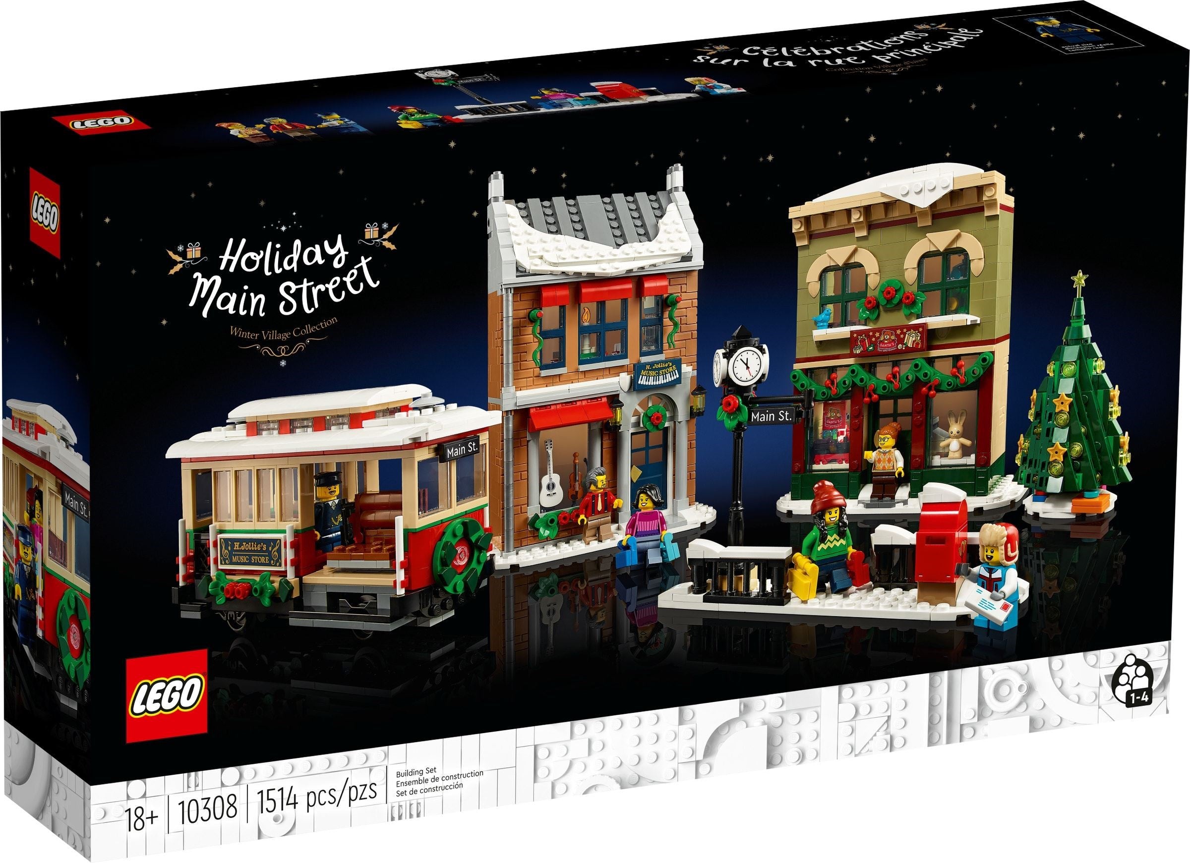 LEGO Holiday Main Street set packaging with festive buildings and decorations.