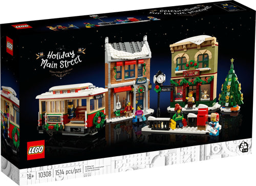 LEGO Holiday Main Street set packaging with festive buildings and decorations.