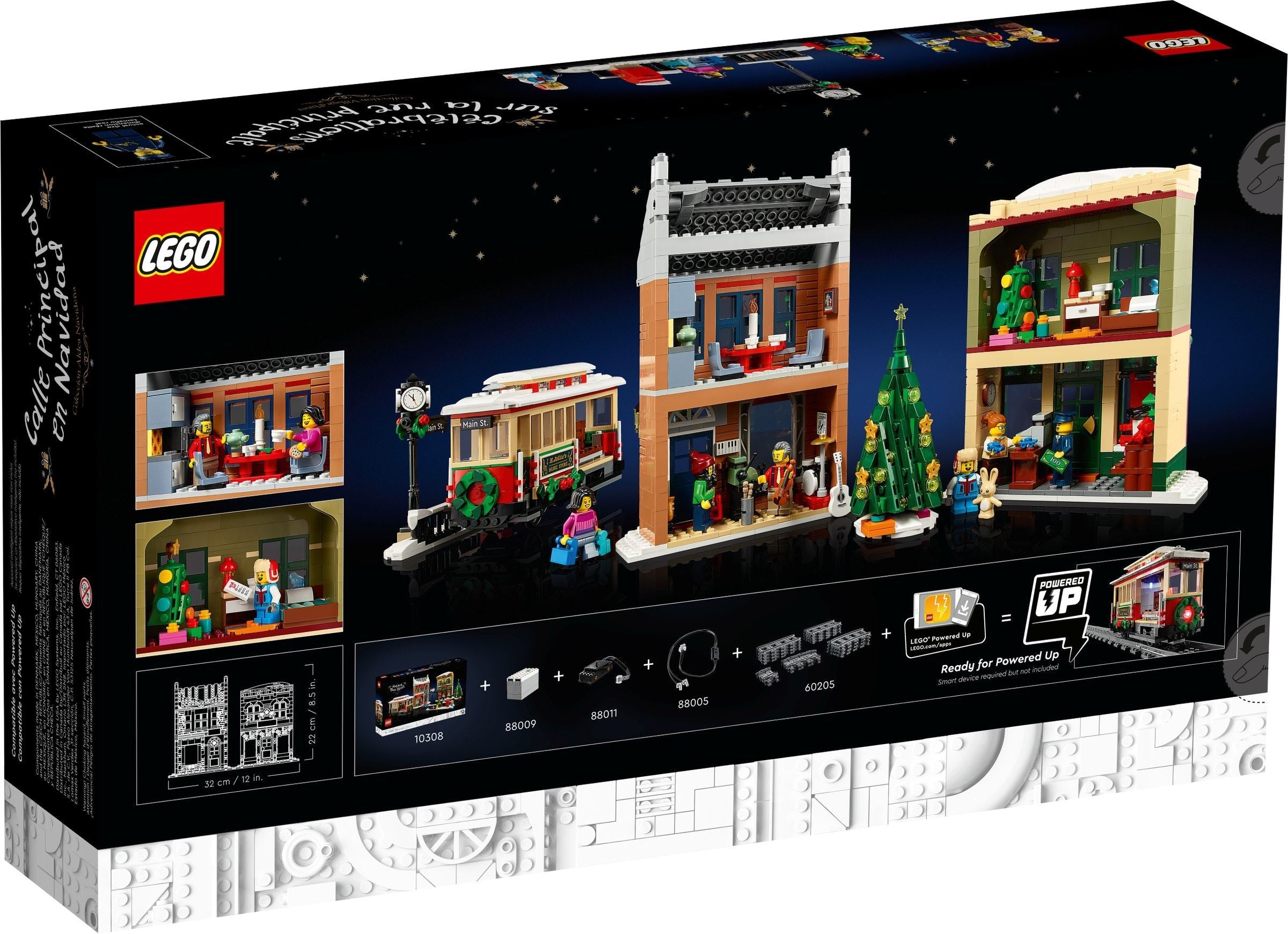 LEGO set packaging with Christmas-themed buildings and characters on a black background