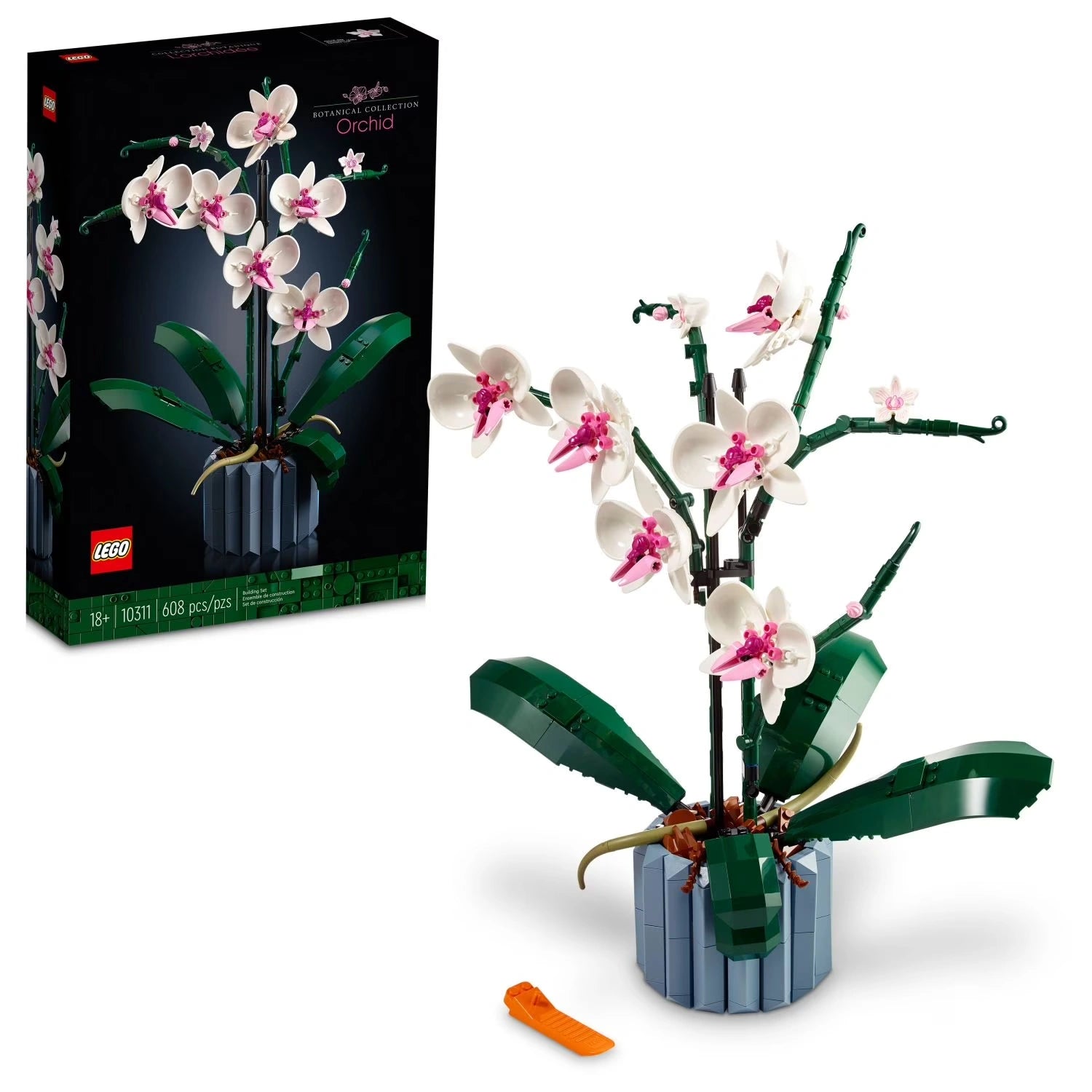 LEGO orchid set with packaging on a white background