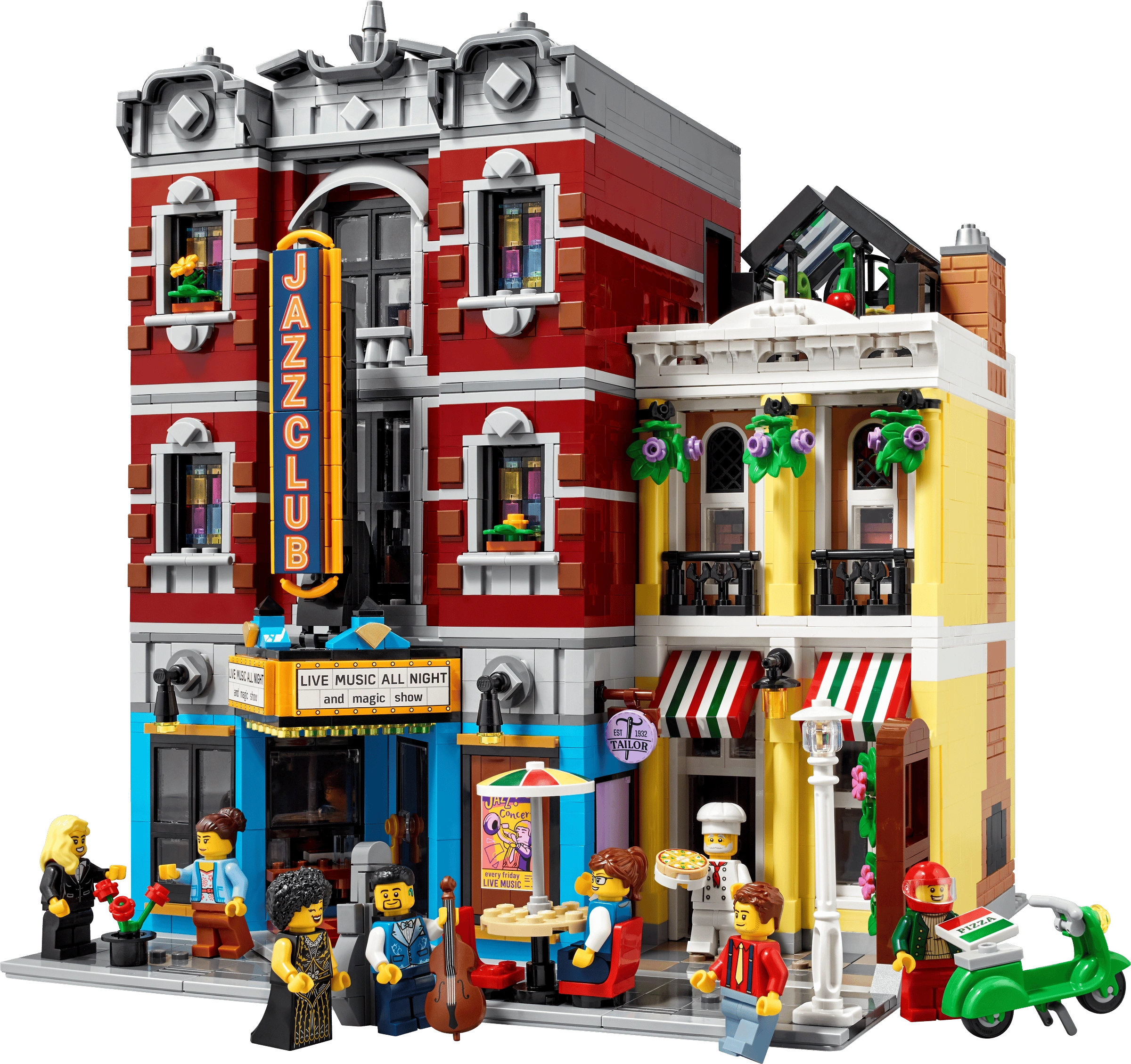 LEGO city street scene with buildings, people, and a Jazz Club sign.