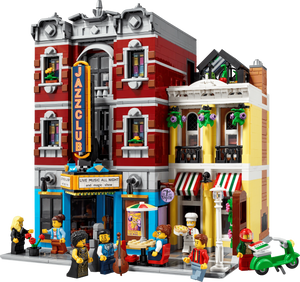 LEGO city street scene with buildings, people, and a Jazz Club sign.