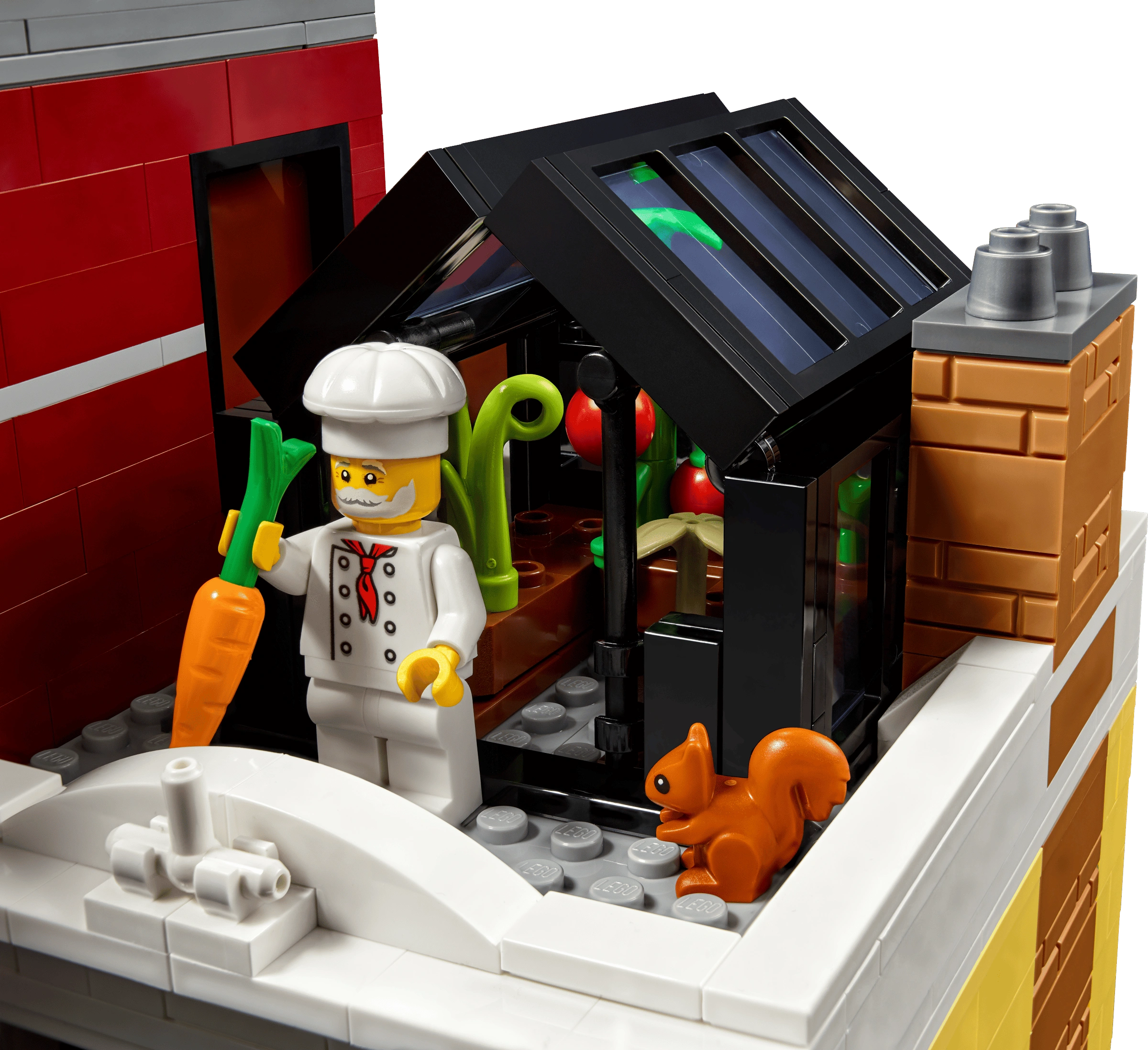 LEGO chef figure with a kitchen setup and a squirrel near a door.