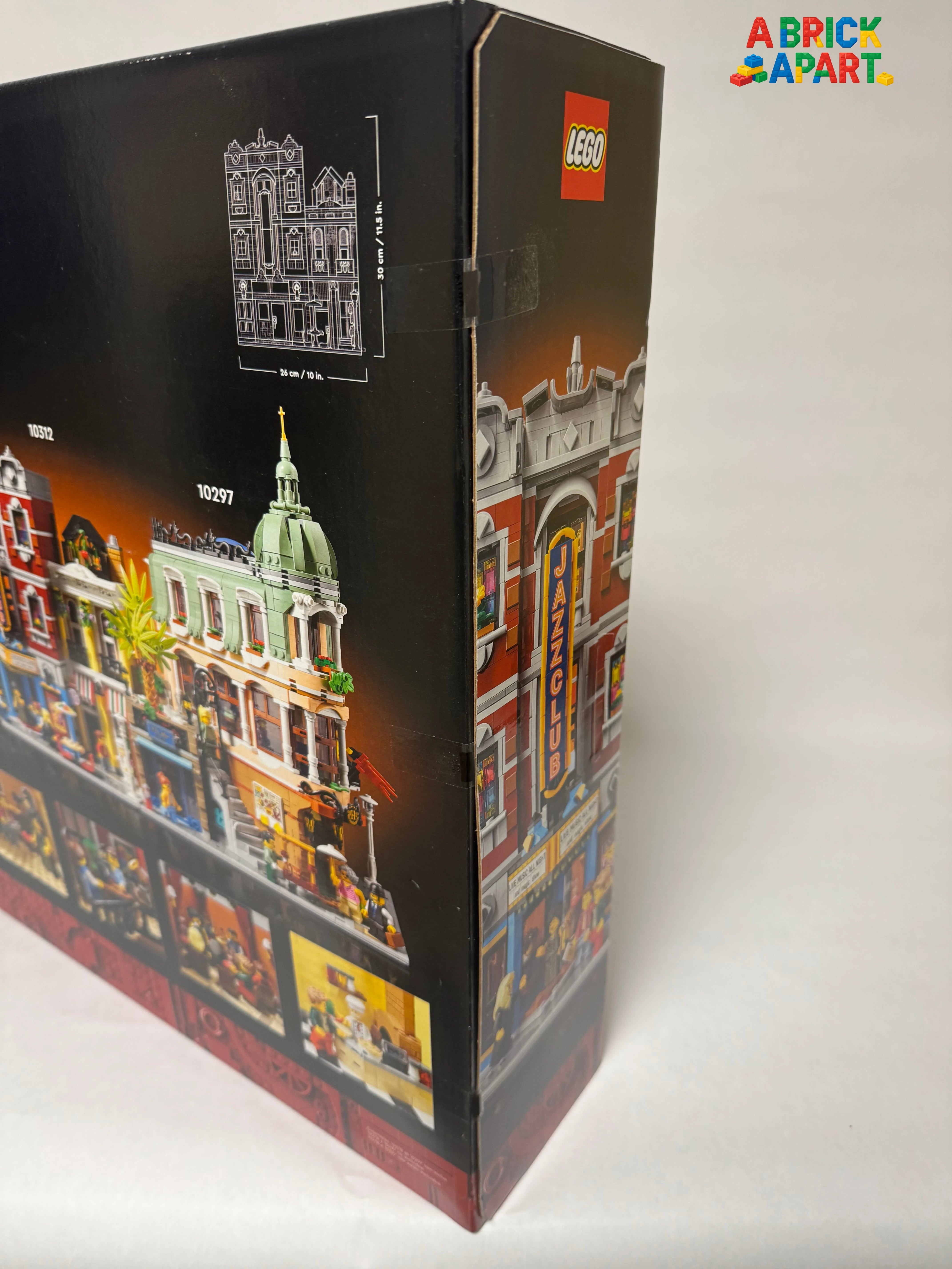 LEGO box with detailed cityscape design on a white background