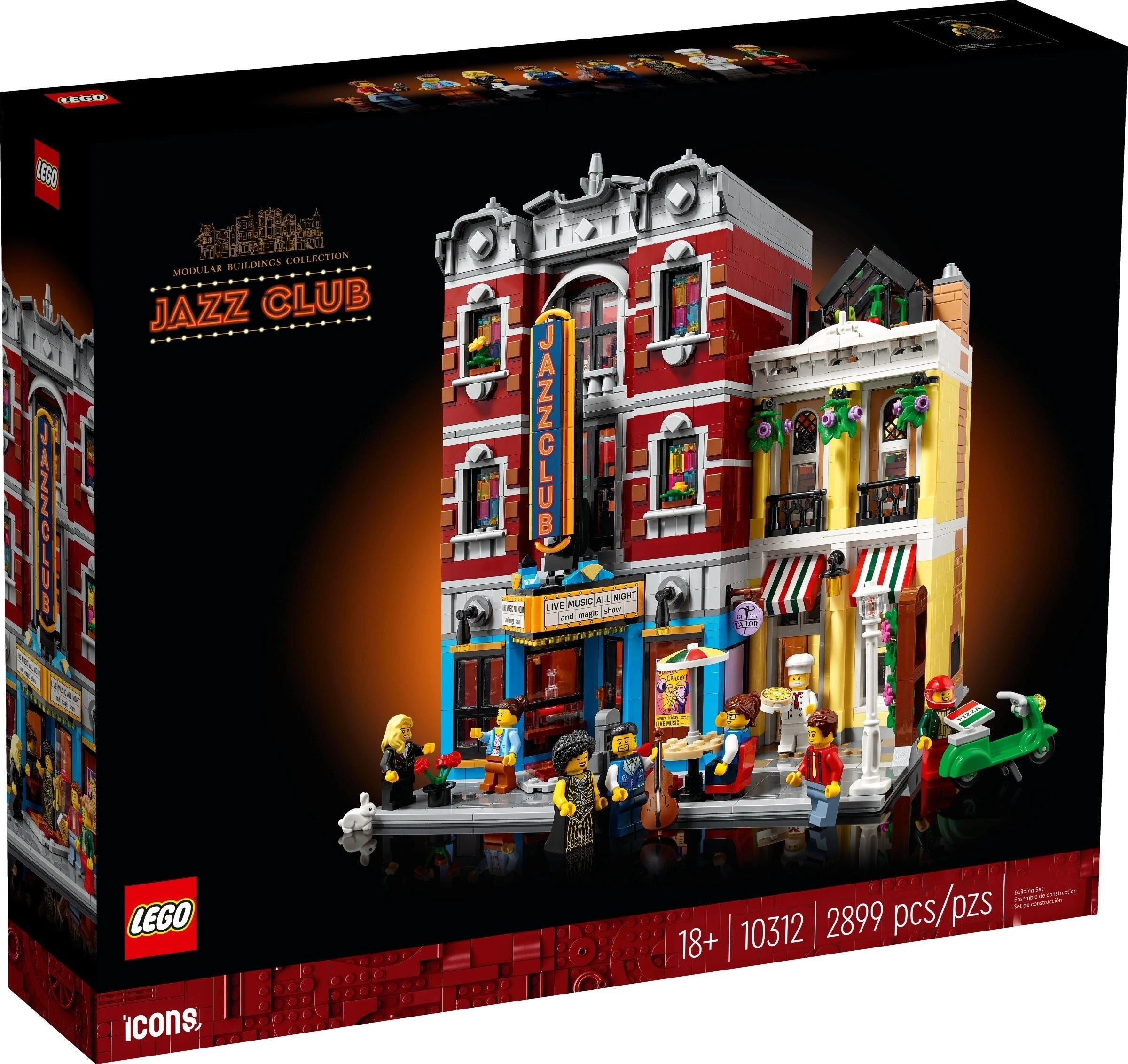 LEGO Jazz Club set packaging with detailed building and people figures on a black background
