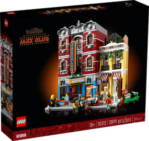 LEGO Jazz Club set packaging with detailed building and people figures on a black background