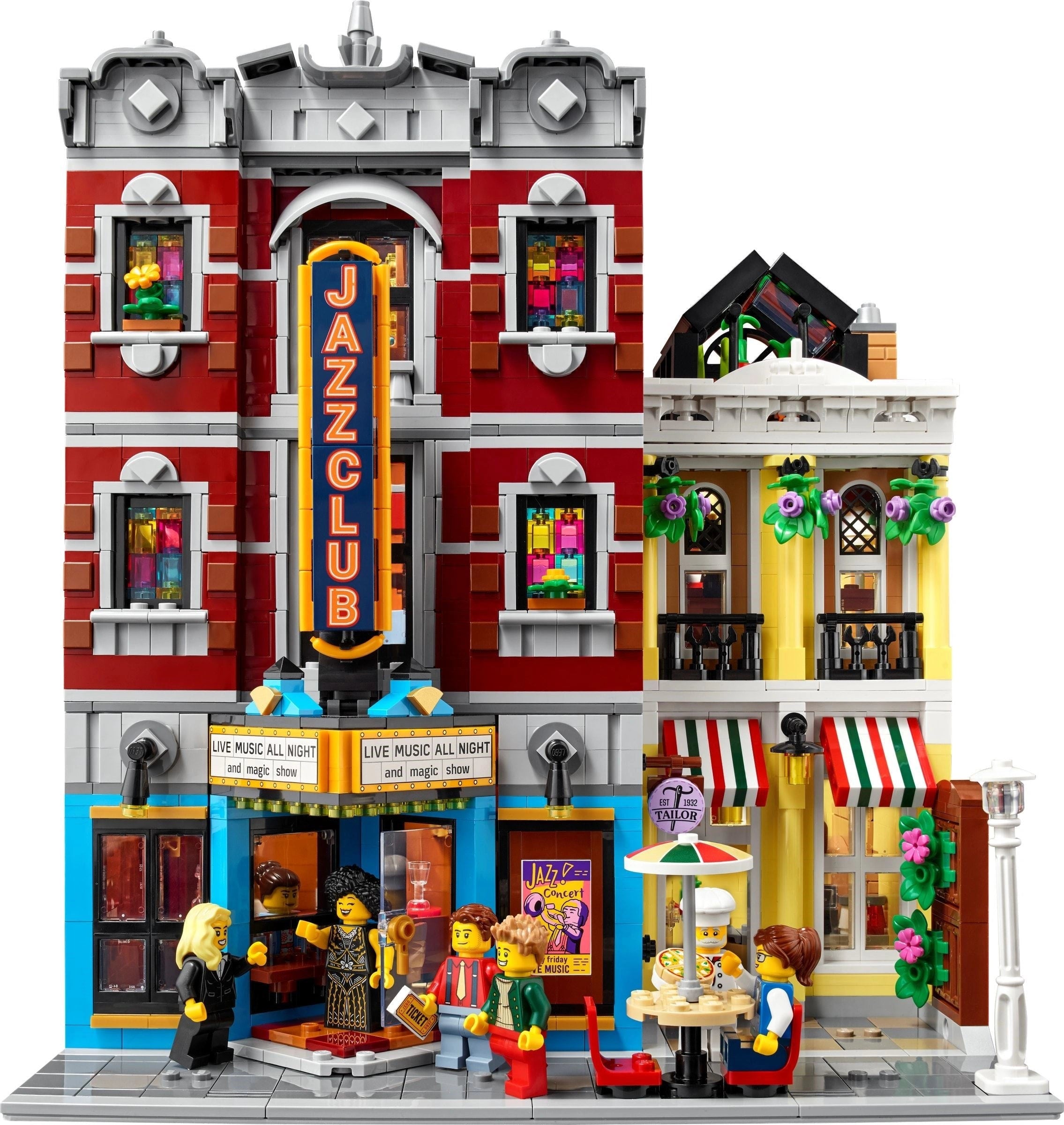 LEGO model of a jazz club with characters and details on a white background