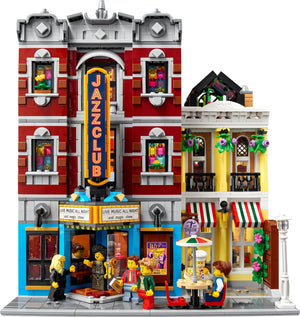 LEGO model of a jazz club with characters and details on a white background