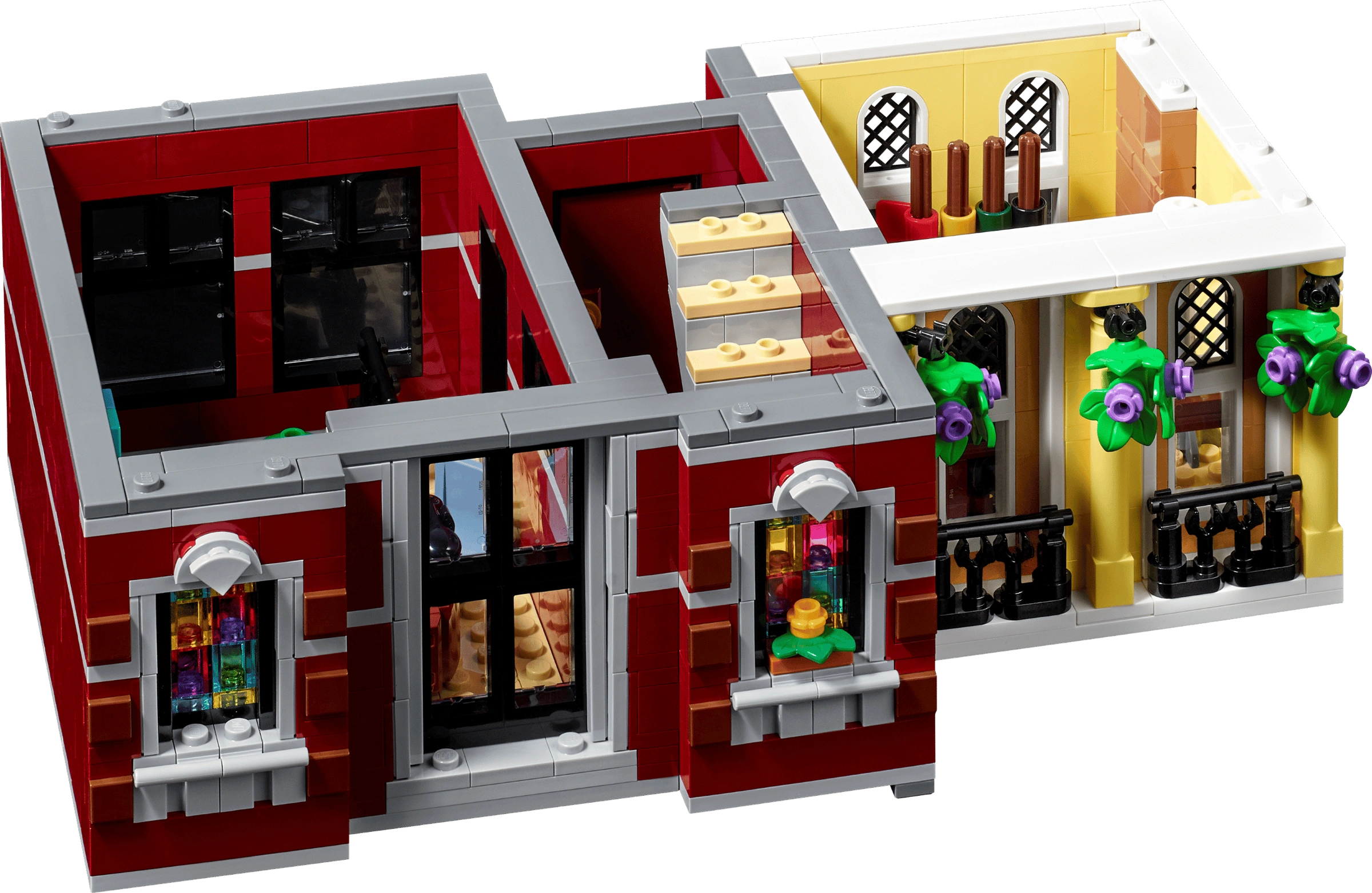 LEGO model of a two-story building with red and yellow facade