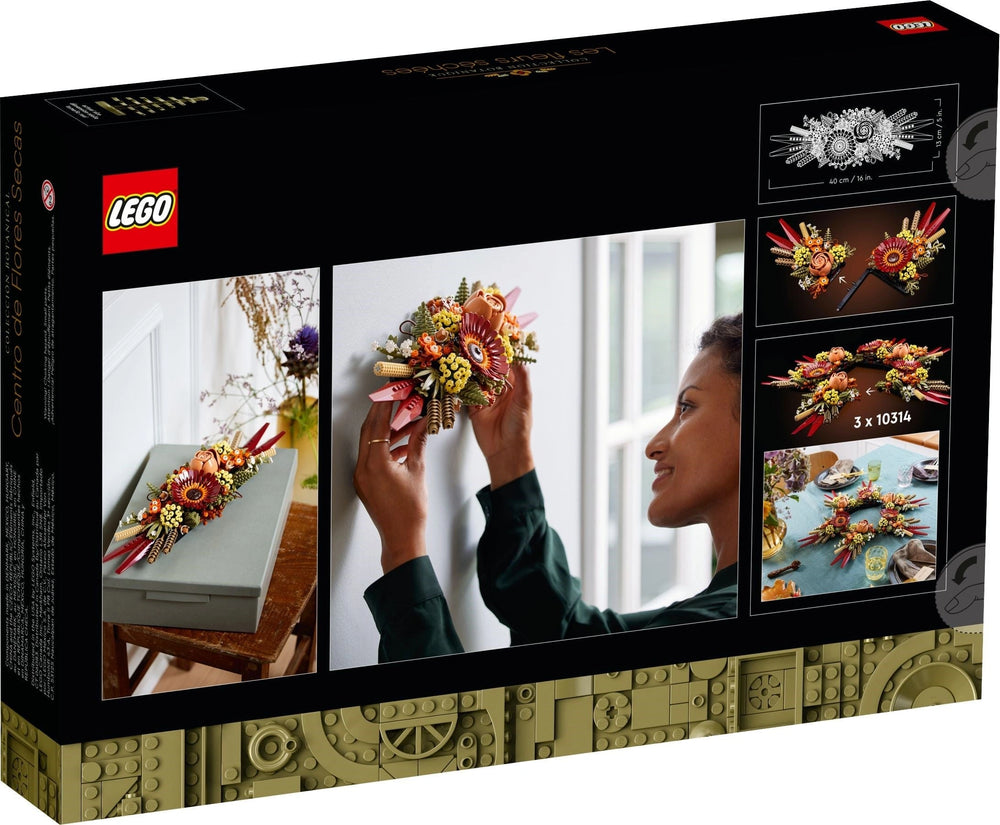 LEGO box featuring images of floral arrangements and a person holding a flower crown.