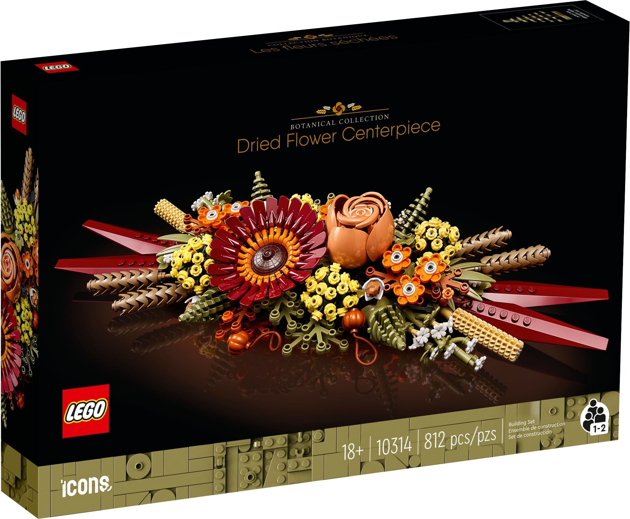 LEGO Dried Flower Centerpiece set packaging with floral design and LEGO logo.