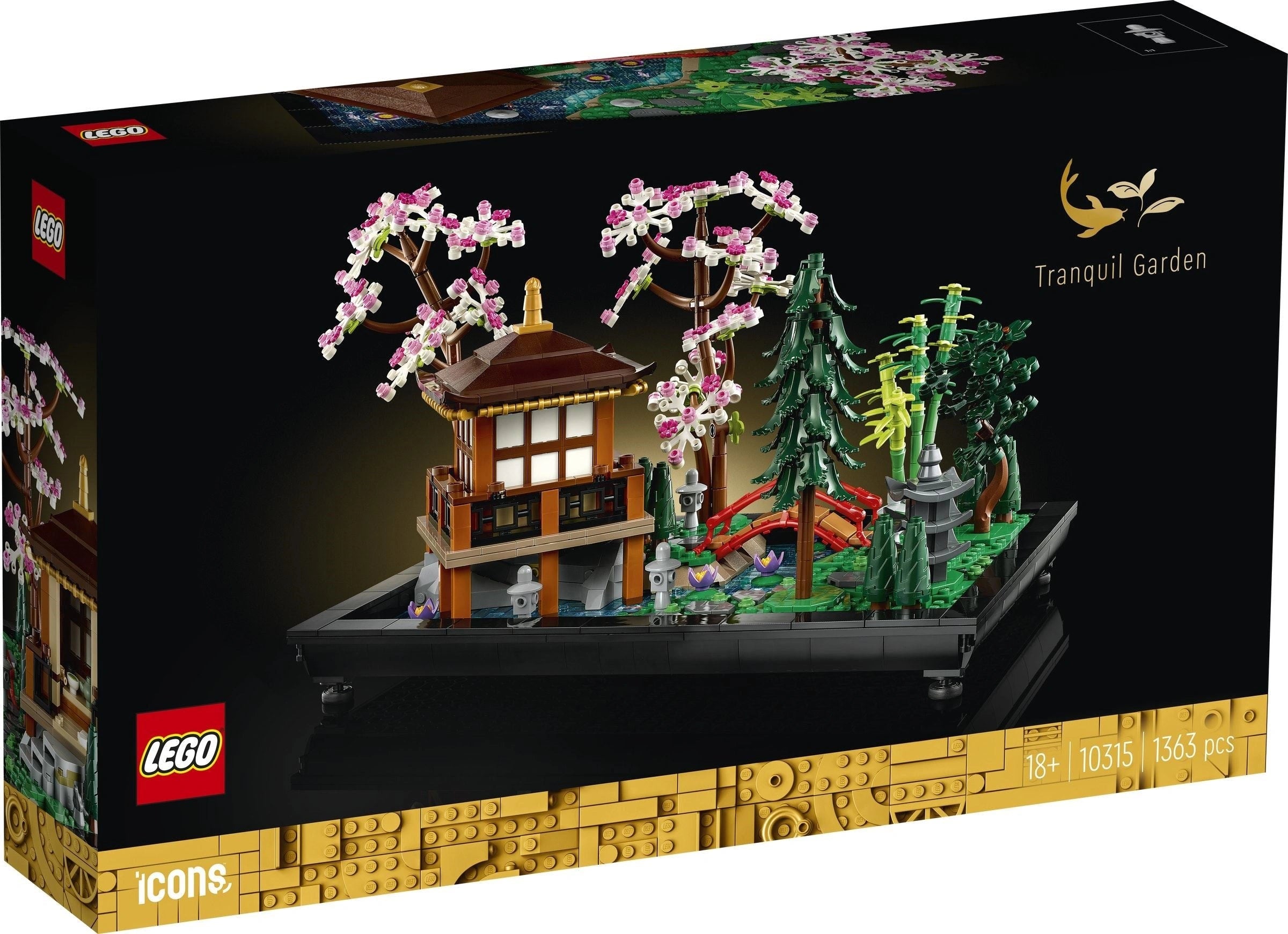 LEGO Icons Tranquil Garden set packaging with Japanese-style building and cherry blossom trees.